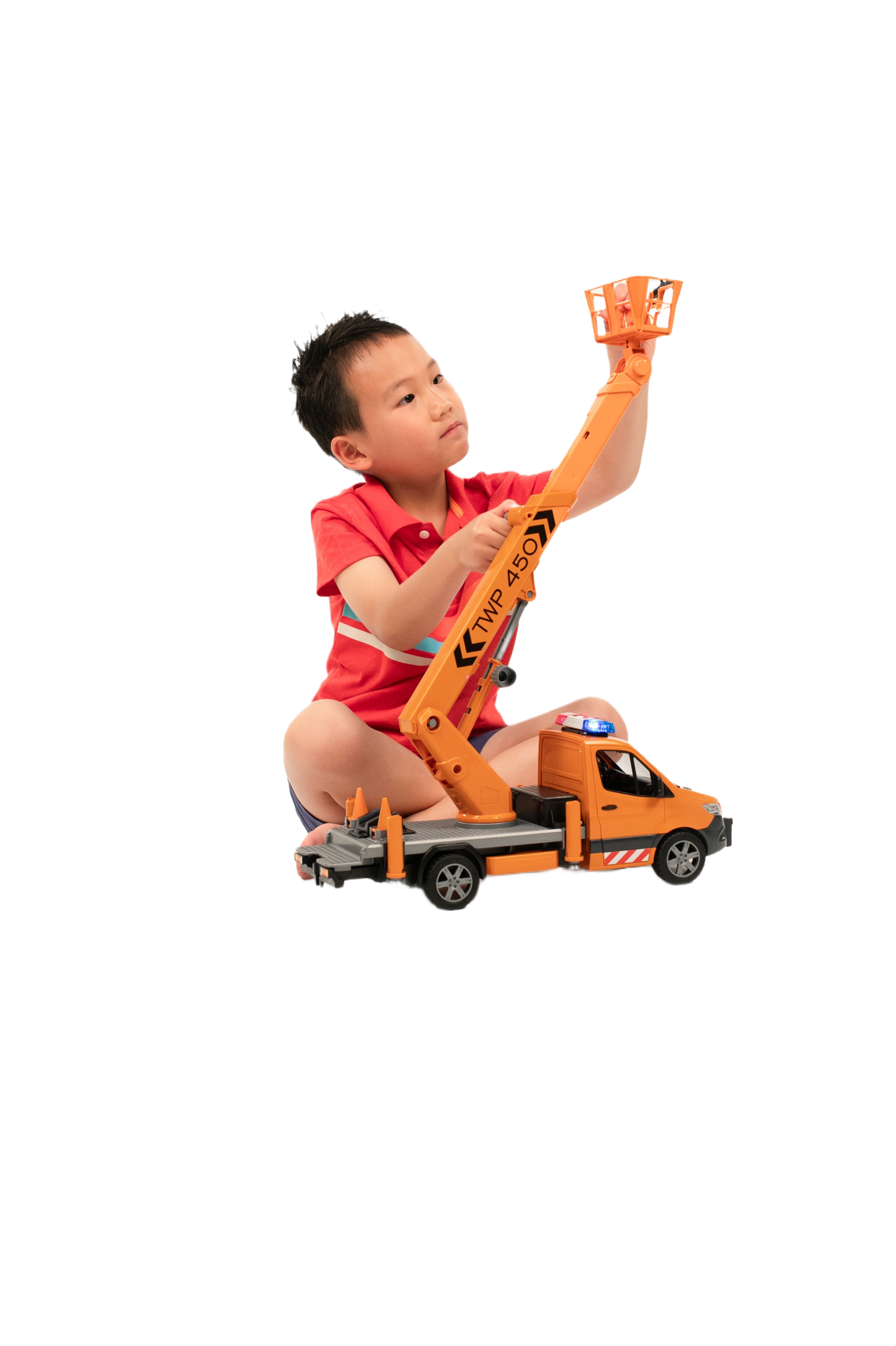 Child playing with orange Bruder toy truck with extendable working platform for imaginative home improvement play