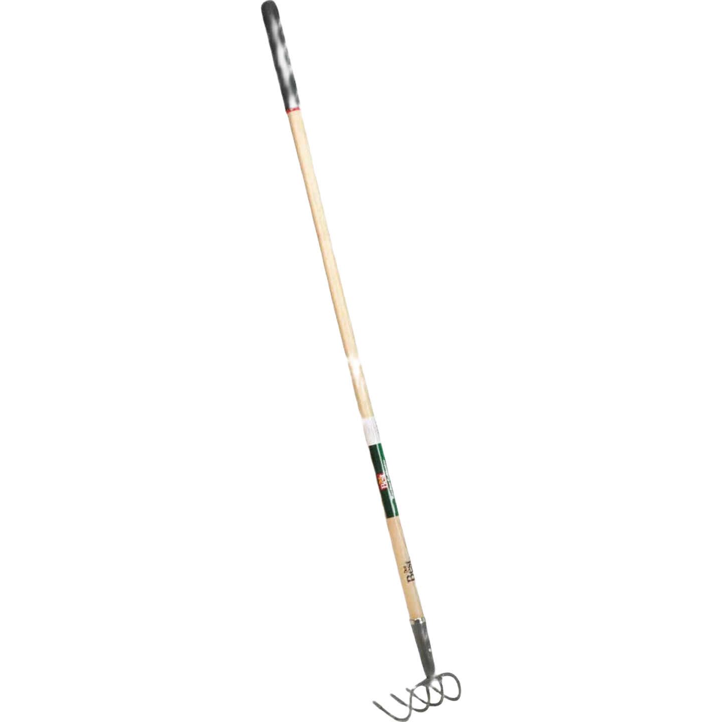 Garden cultivator with wooden handle and metal tines for soil tilling and weed removal in outdoor gardening tasks