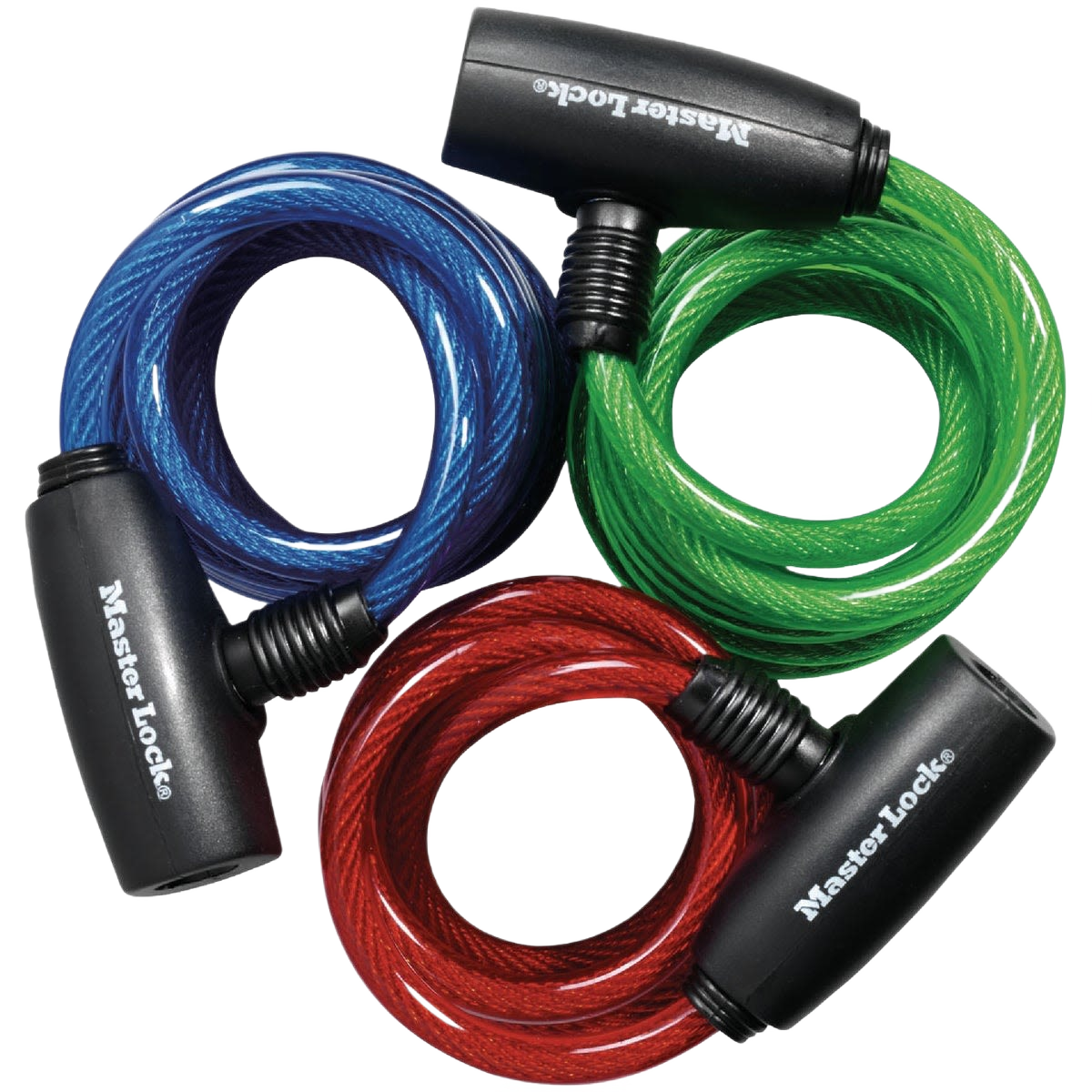 Set of three colorful braided steel cable bike locks with black locking mechanisms in hardware and fasteners collections
