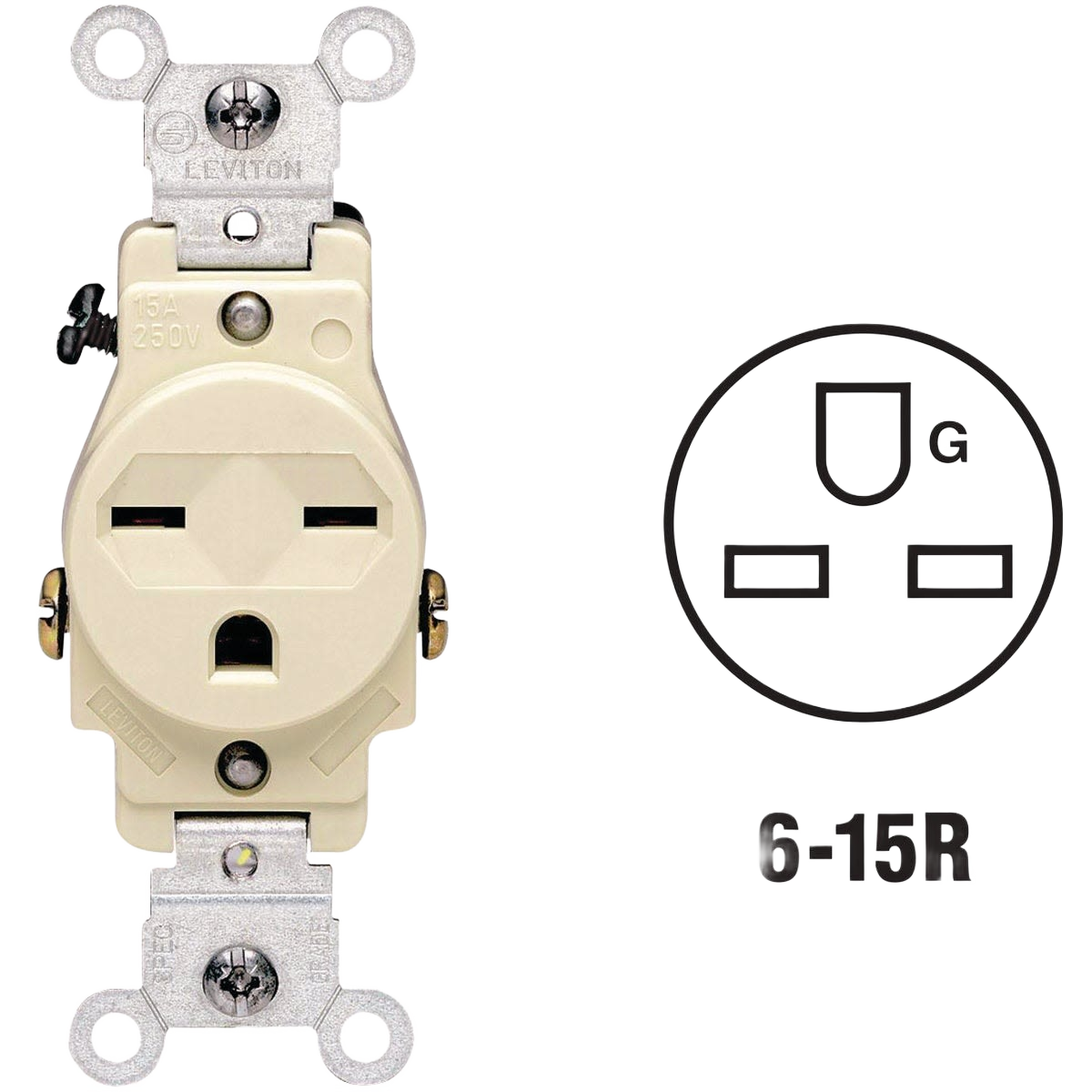 Ivory grounding outlet rated 15 amps and 250 volts for heavy-duty electrical home improvement applications