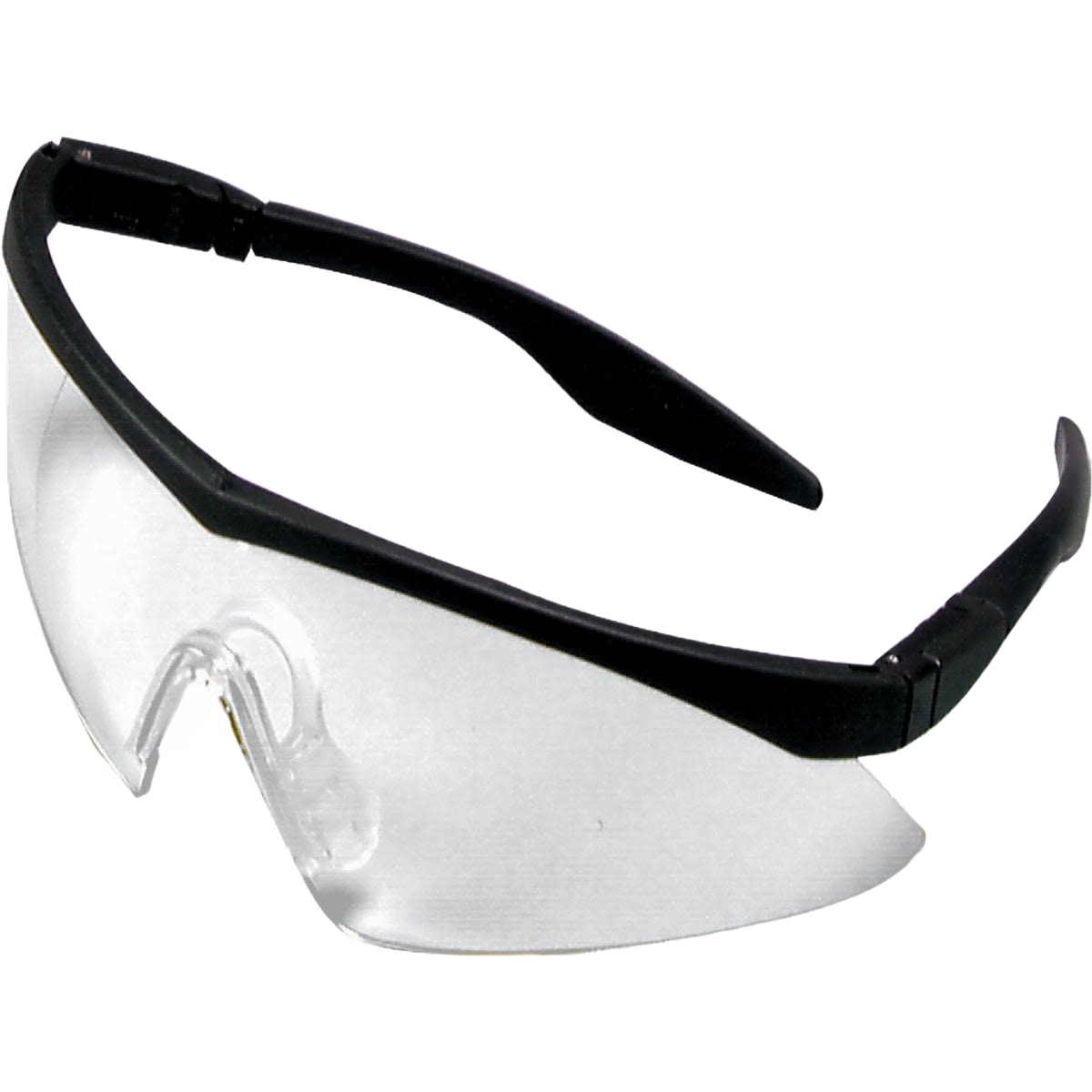 Black frame safety glasses with clear anti-fog lenses and straight temples, designed for comfort and secure fit, part of protective eyewear and safety gear collections.