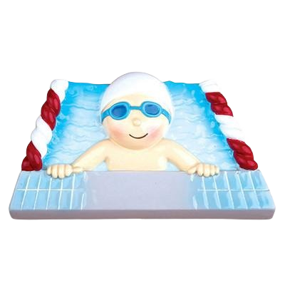 Boy swimmer figurine with white cap and blue goggles holding pool edge for Christmas Ornaments & Tree Decorations under $50 collection