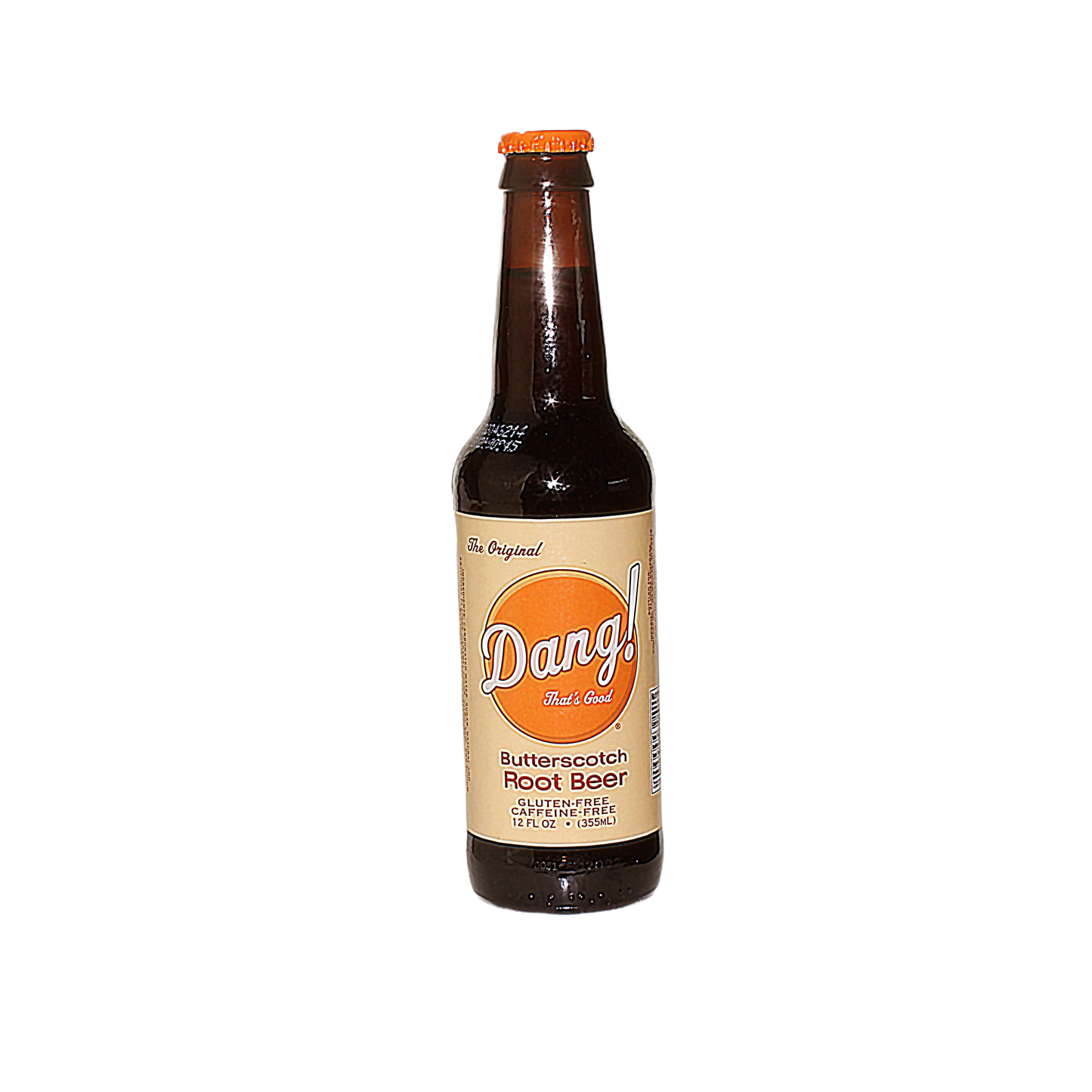 Bottle of Dang! butterscotch root beer with orange cap and beige label featuring bold orange and black lettering
