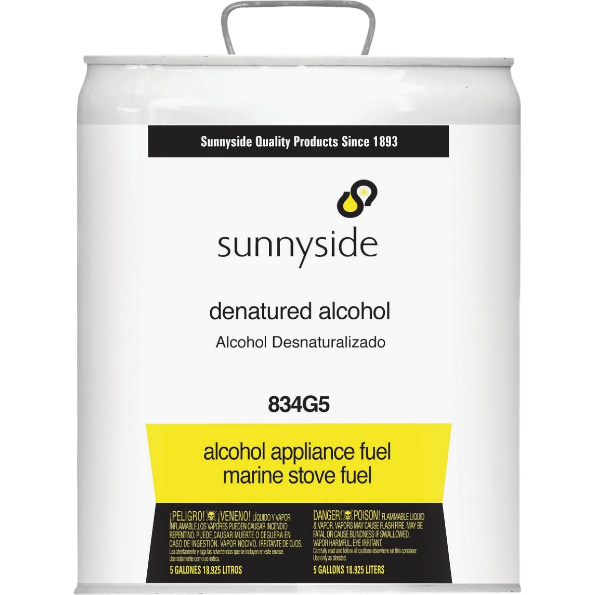 5 gallon container of Sunnyside denatured alcohol solvent for paint supplies and home improvement tools collection
