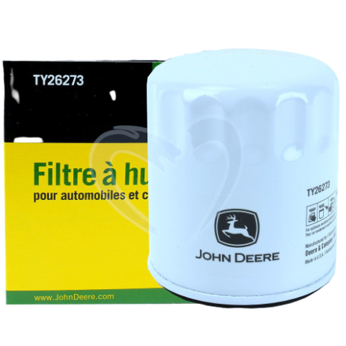White oil filter with John Deere logo next to yellow and black packaging for motor oils and accessories