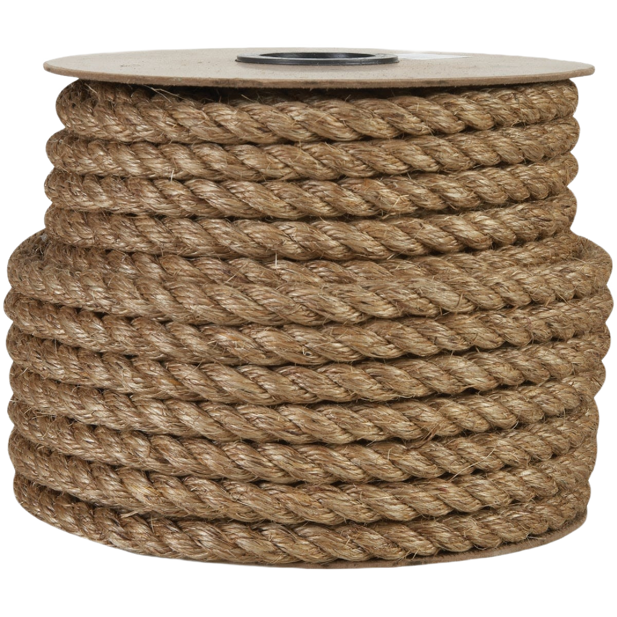 Thick natural fiber manila rope coiled on a spool for tools and home improvement uses