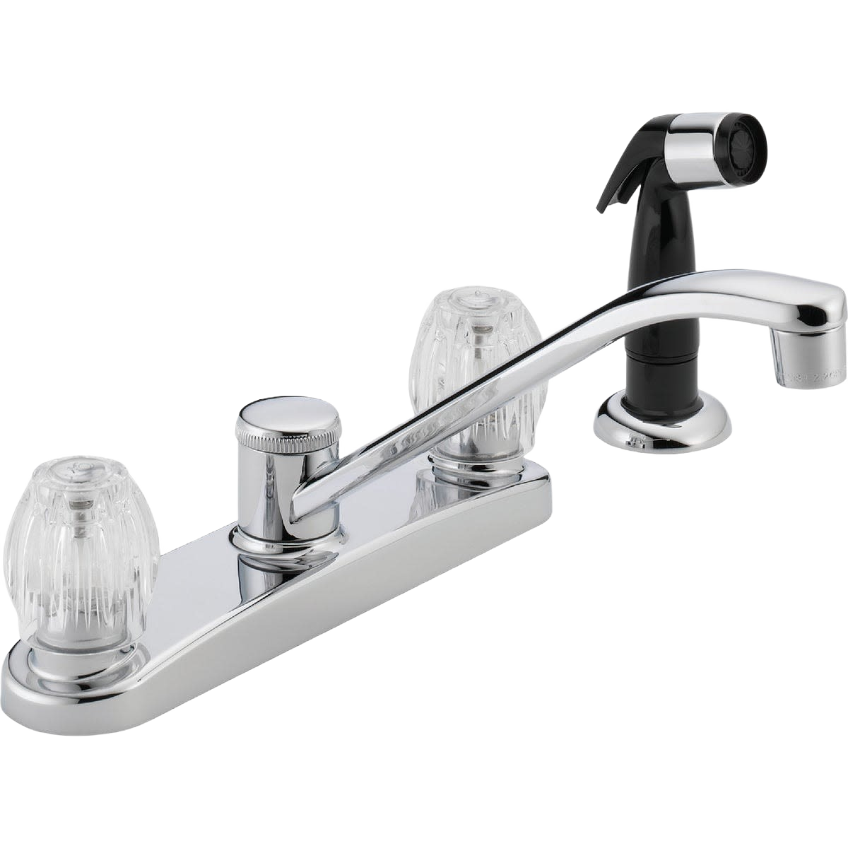 Chrome double handle kitchen faucet with clear knobs and black side spray for home improvement tasks