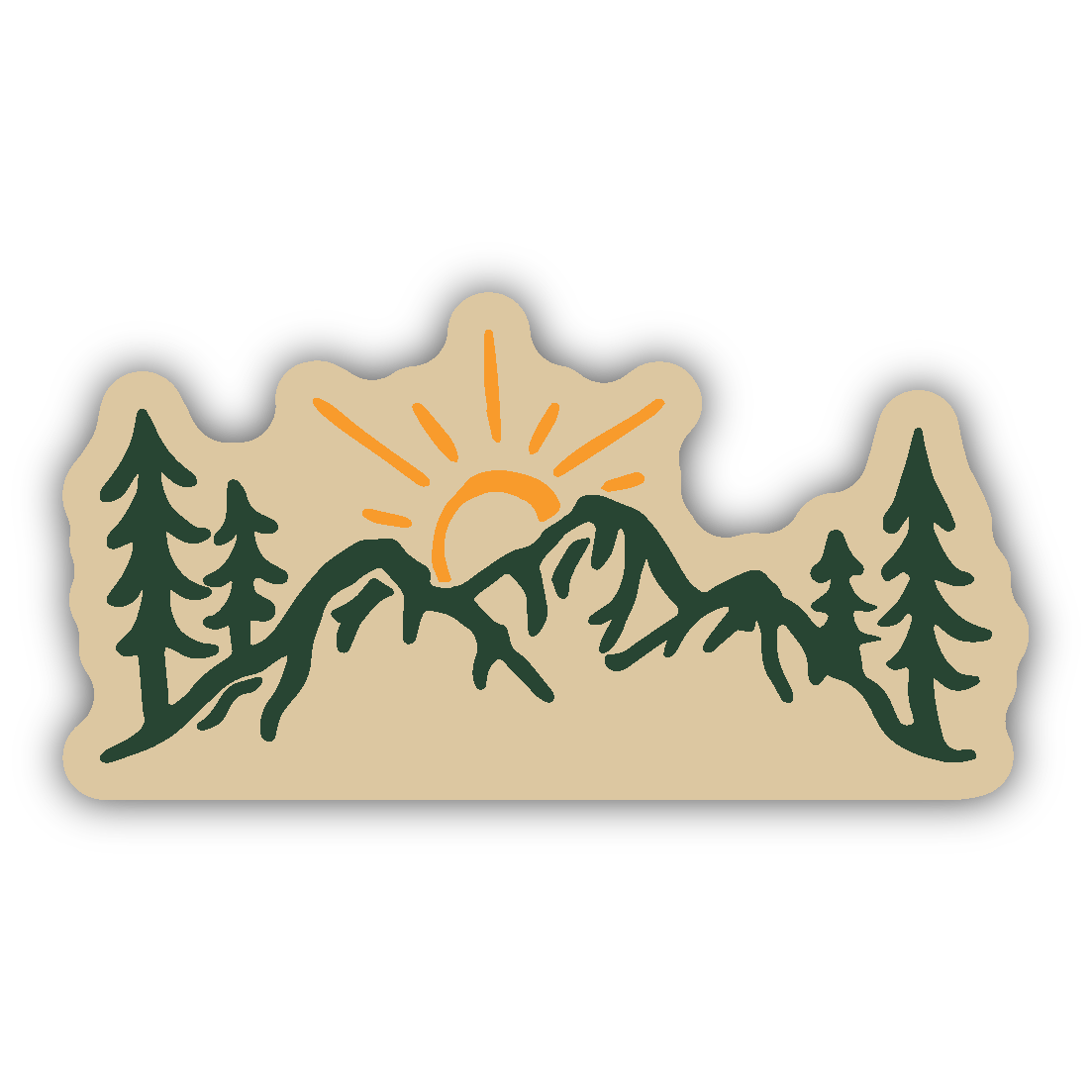Illustration of sun rising over mountain peaks with tall pine trees in a simple, earthy color palette sticker design