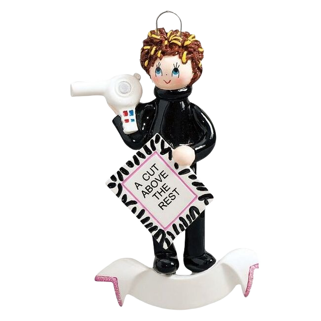 Figurine holding hair dryer and sign reading "A Cut Above The Rest" for Christmas tree decorations under $50 collection