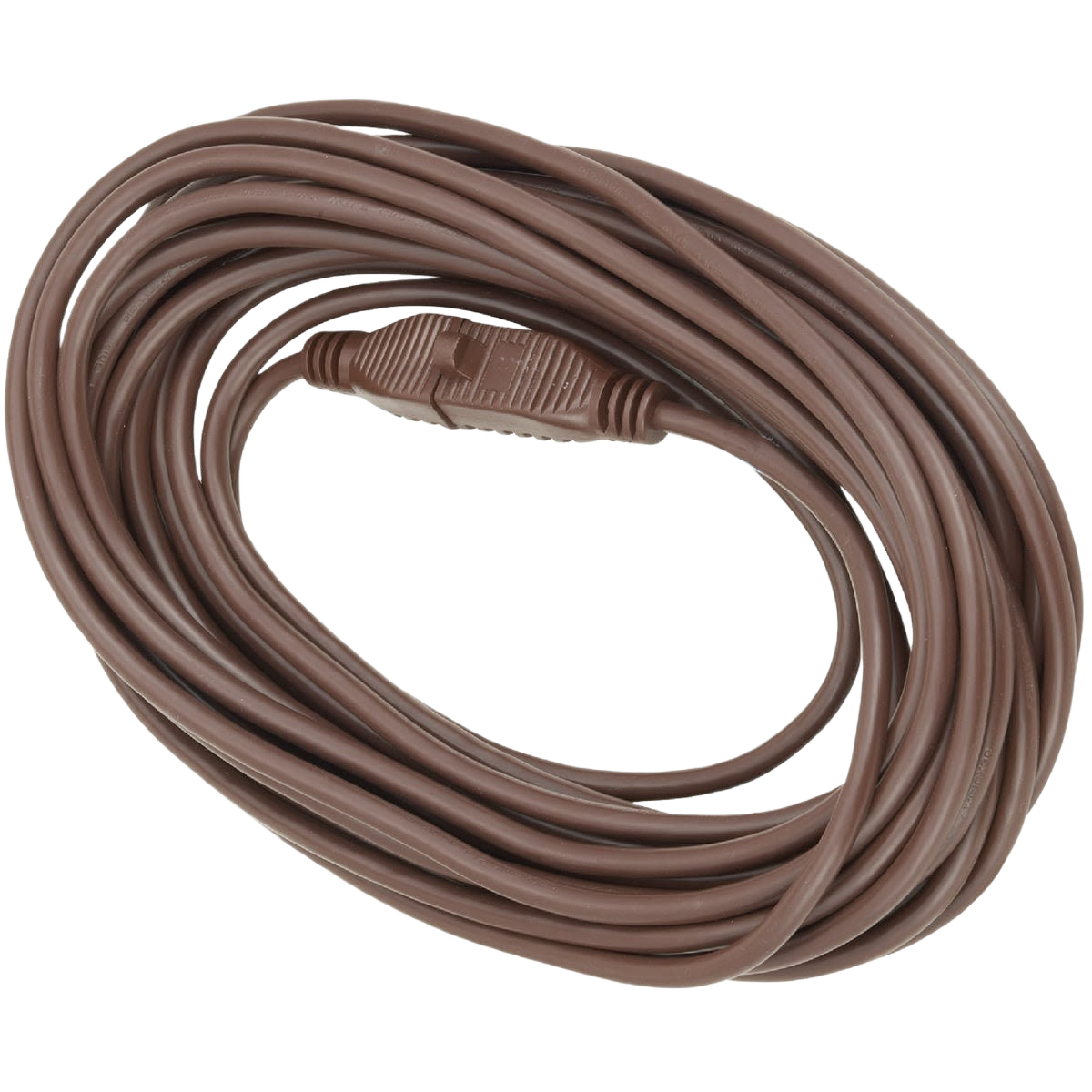 Coiled brown outdoor extension cord with molded plug ends for medium-duty home improvement and patio use