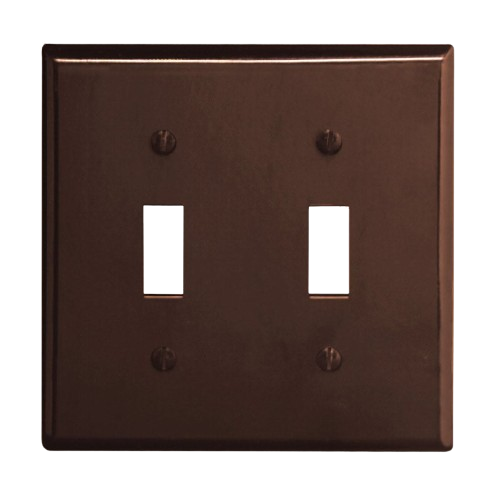 Brown 2-gang wall plate for single toggle switches with four screw holes for home improvement projects
