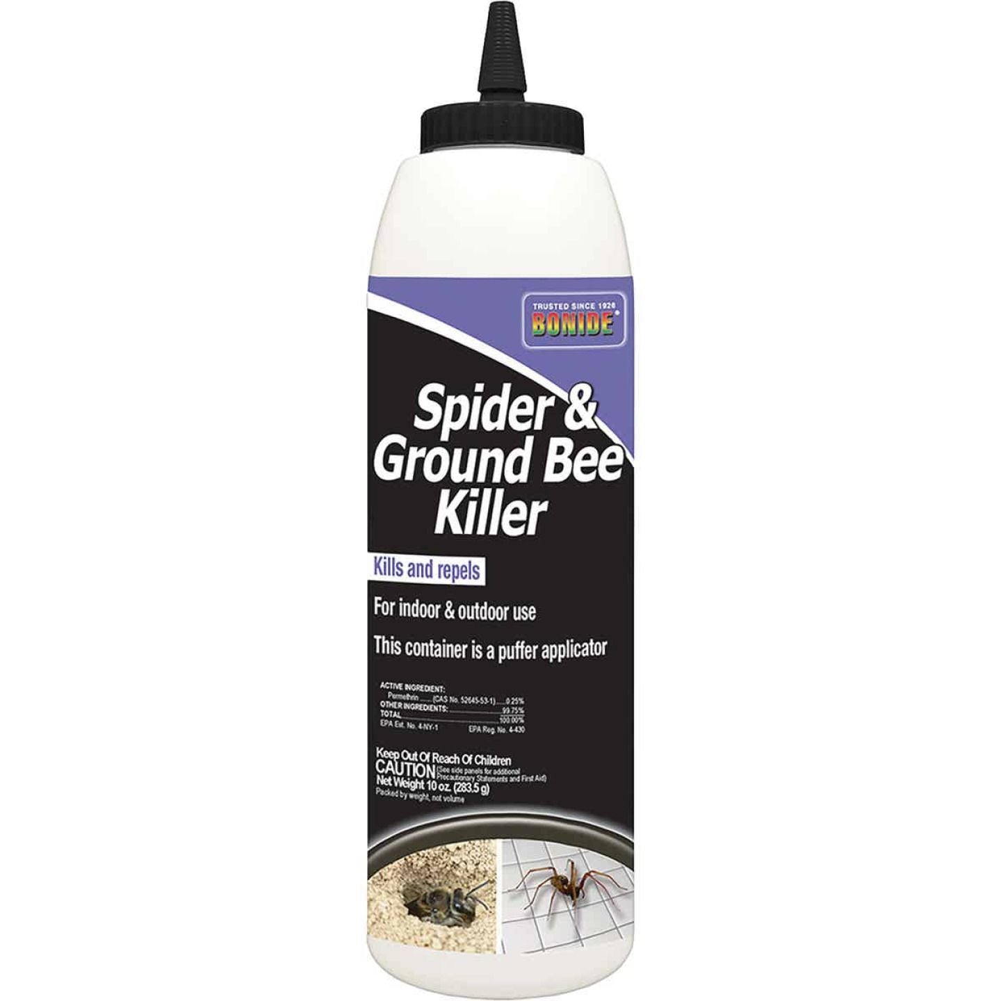 Bottle of ready-to-use powder bee and spider killer with puffer applicator for indoor and outdoor pest control
