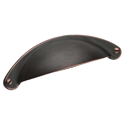 Oil rubbed bronze cup pull handle with curved design and two screws for cabinet and drawer home improvement use