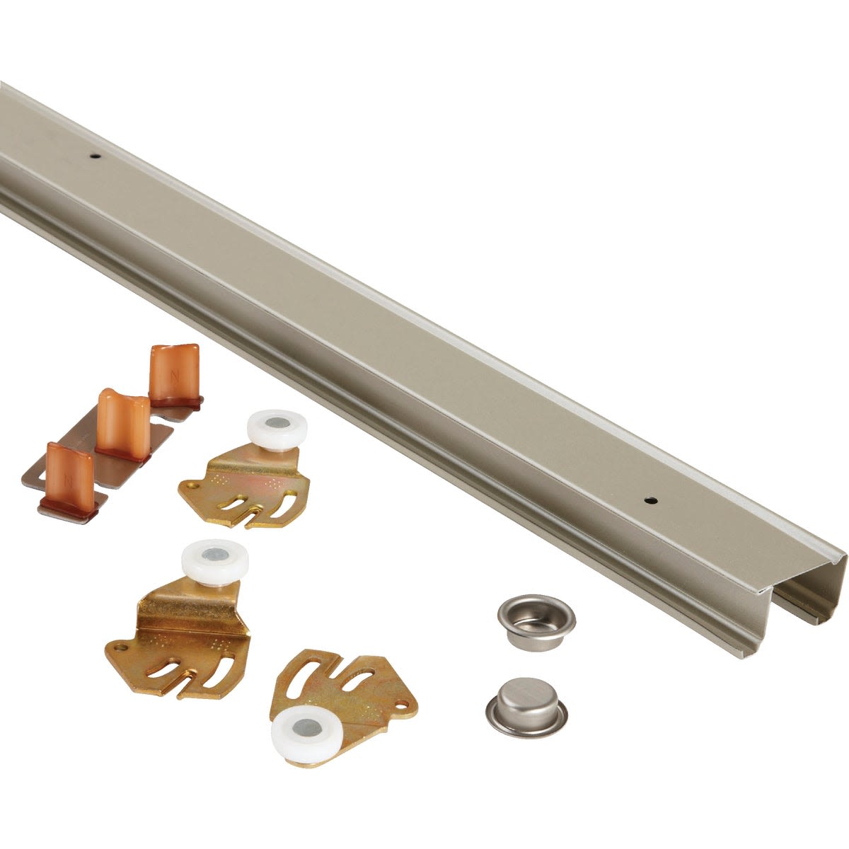 Steel sliding door track and hardware components with rollers and mounting brackets for home improvement projects under $50 collections