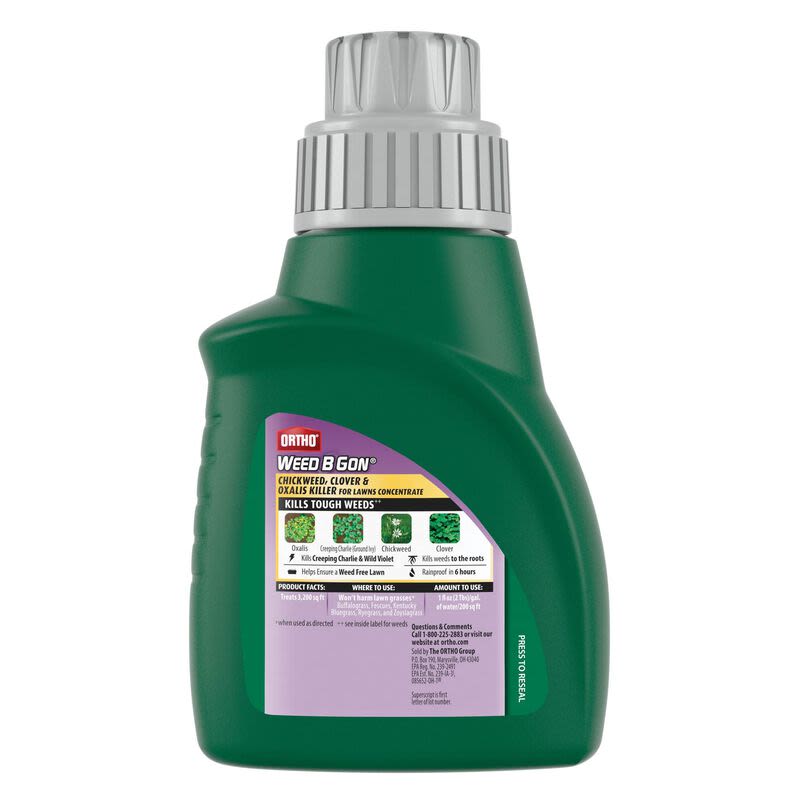 Green bottle of weed killer concentrate targeting chickweed, clover, and oxalis for lawn care under $50 collection