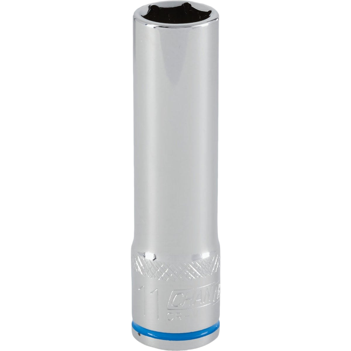 Chrome plated deep 11mm socket with textured grip band for socket and ratchet tools in hand and woodworking tool collections