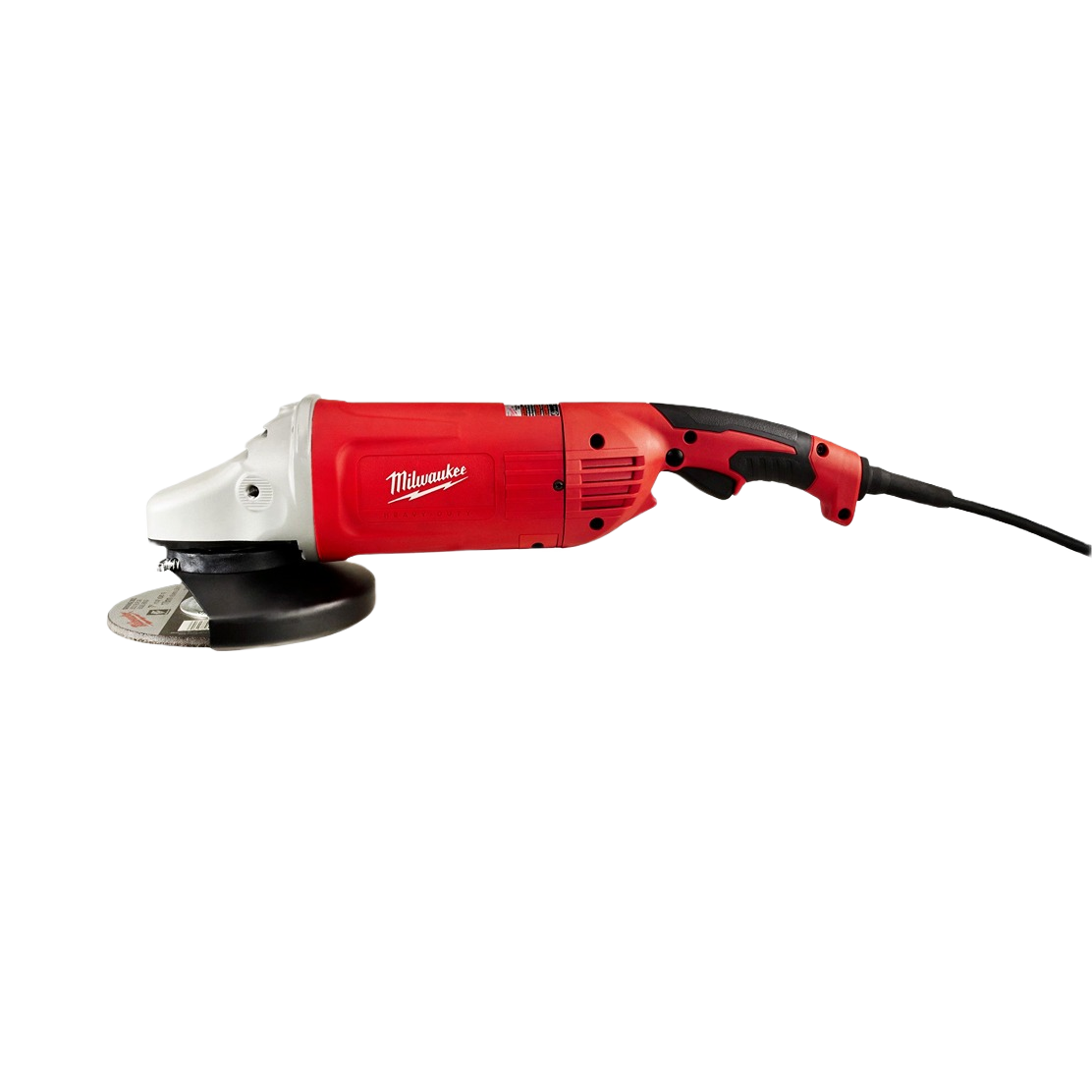 Red and black Milwaukee large angle grinder with ergonomic handle and power cord, designed for heavy-duty grinding in rental power tools at Hartville Hardware.