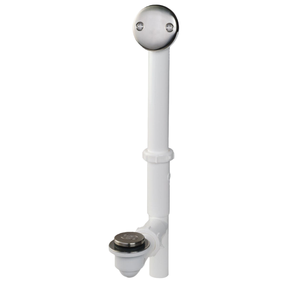 Plastic bath drain assembly with brushed nickel trim designed for home improvement plumbing projects