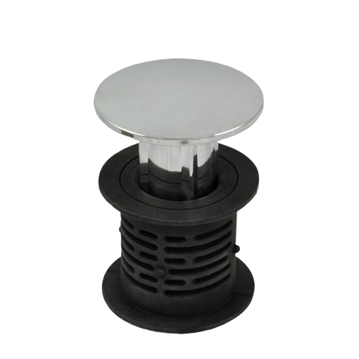 Chrome and black bathtub hair catcher and stopper with perforated basket for water drainage and hair collection