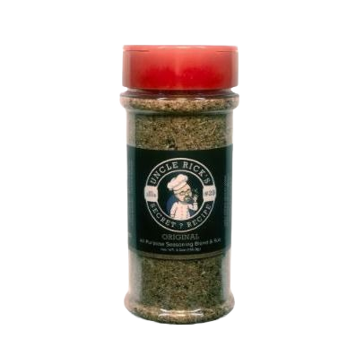 Clear plastic bottle of all-purpose grilling and smoking seasoning with red cap from outdoor living collection