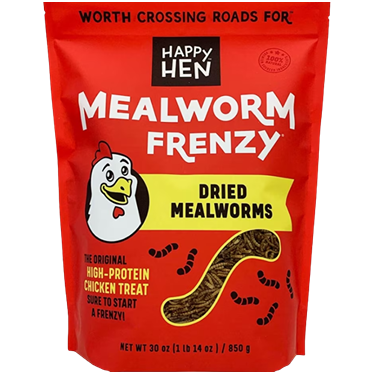 Red packaging of Happy Hen Mealworm Frenzy dried mealworms, high-protein chicken treats for poultry nutrition