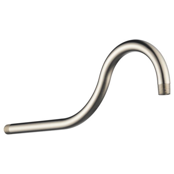 Stainless steel curved repair shower arm for bathroom faucets and showerheads, part of Delta home improvement tools.