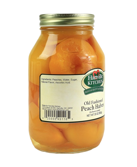 Glass jar of preserved peach halves in syrup from Hartville Kitchen for jams and jellies collection