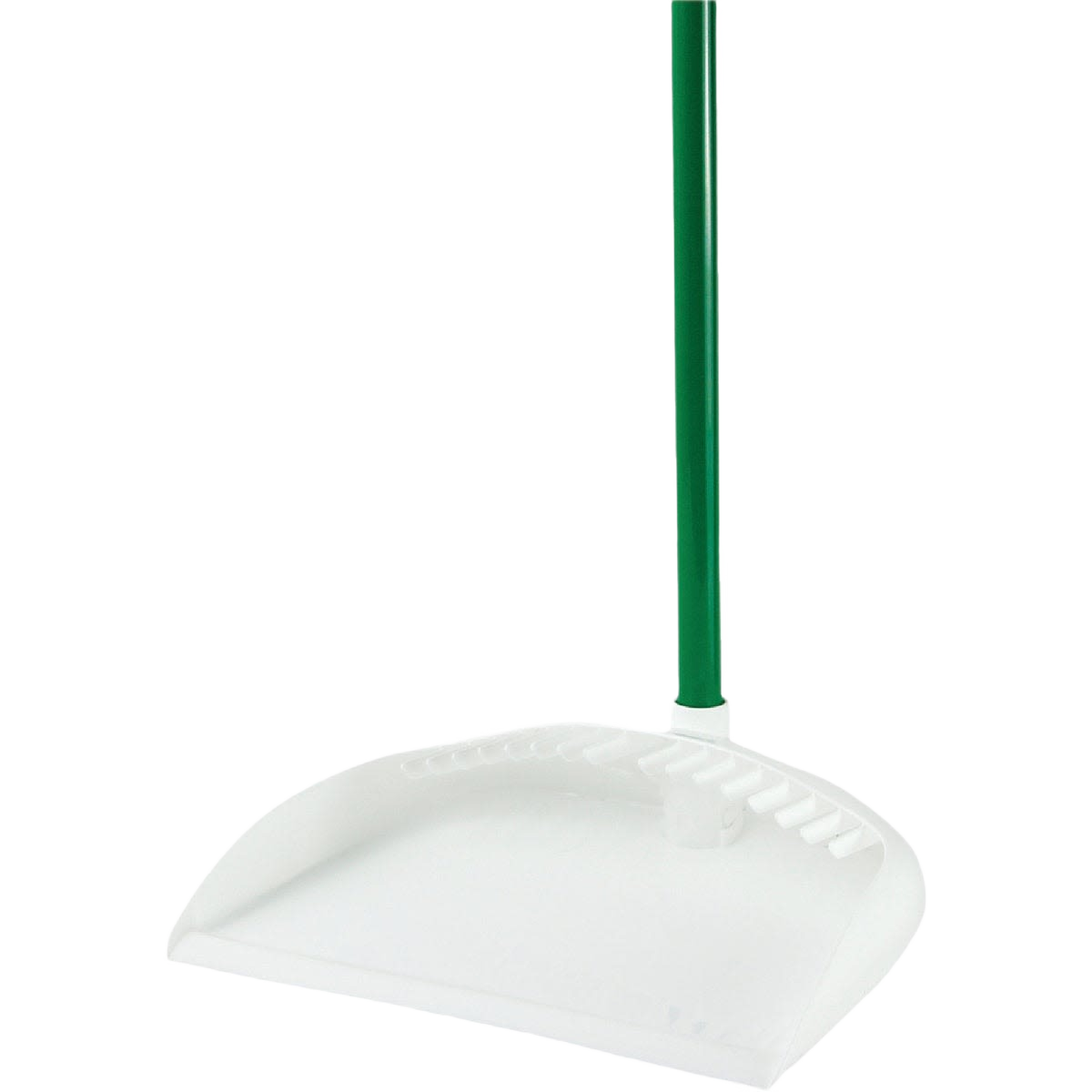 White plastic dustpan with dirt removal teeth and a long green handle for easy cleaning tasks under $50.