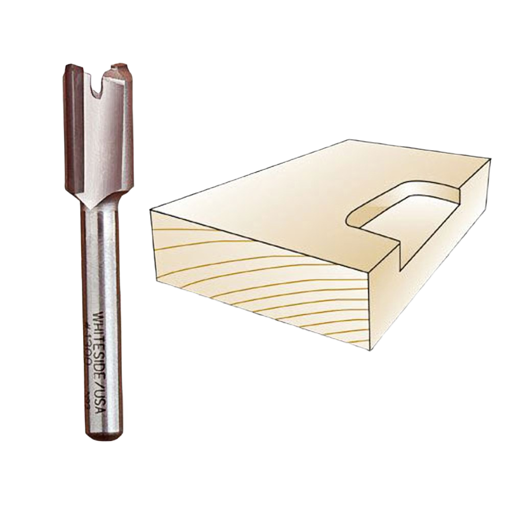 Carbide-tipped straight mortising bit next to wood block with hinge mortise cut, for precision woodworking tools.