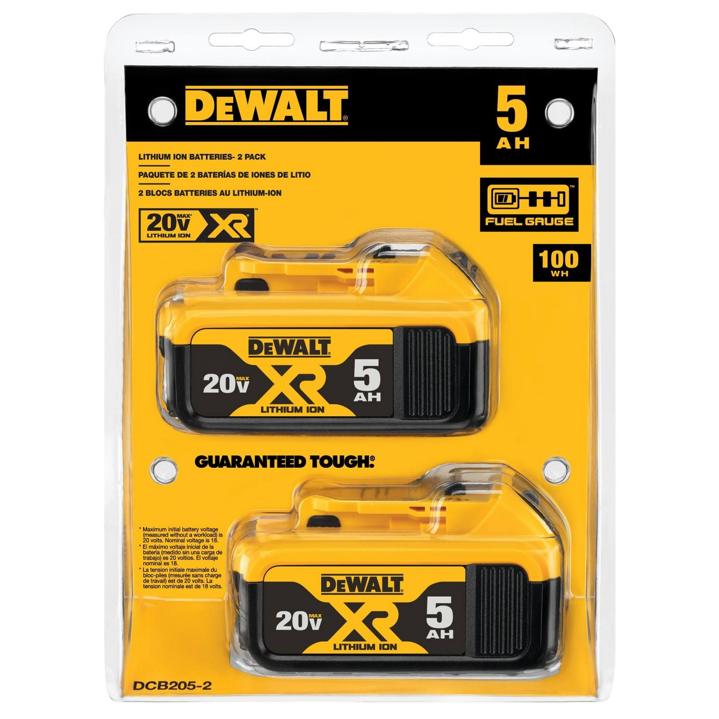 Two-pack of yellow and black 5Ah 20V lithium ion batteries for power tools and home improvement use