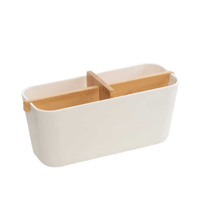 White bamboo organizer with two compartments for kitchen or bathroom storage and organization under $50