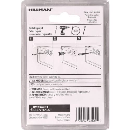 Packaging back of Hillman essential hardware showing installation instructions for 2-inch oil rubbed bronze broad hinges under $50 collections