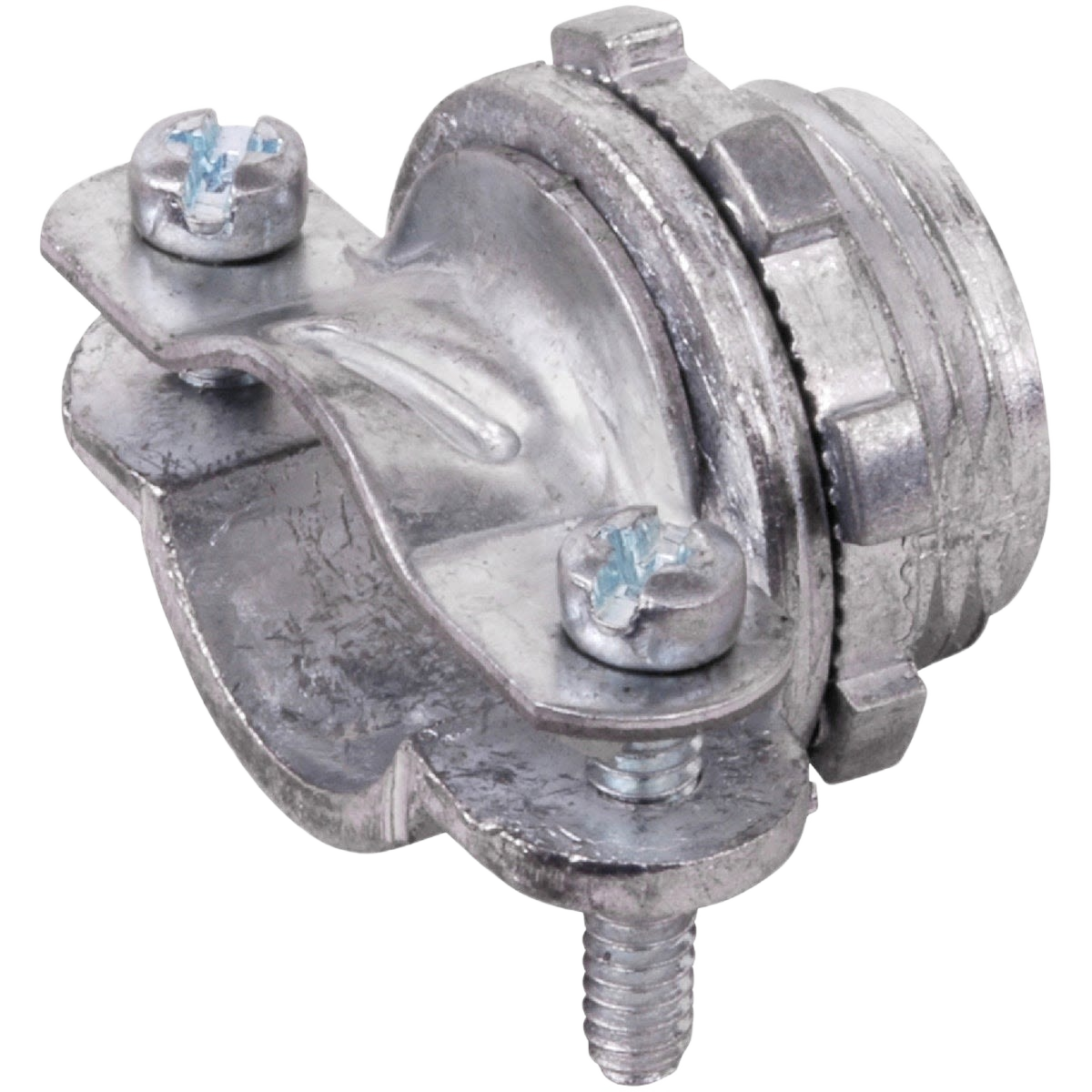 Die-cast zinc electrical box connector with clamp screws, part of electrical conduit fittings and home improvement tools collection