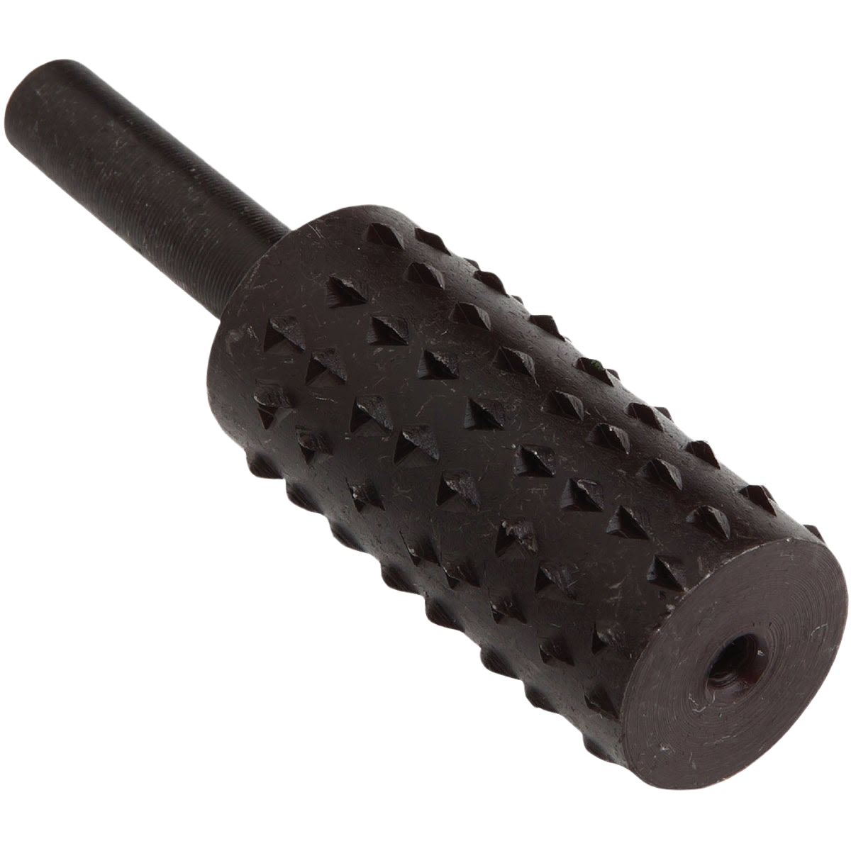 Black rotary rasp file with textured cylindrical surface for shaping and smoothing in home improvement tasks