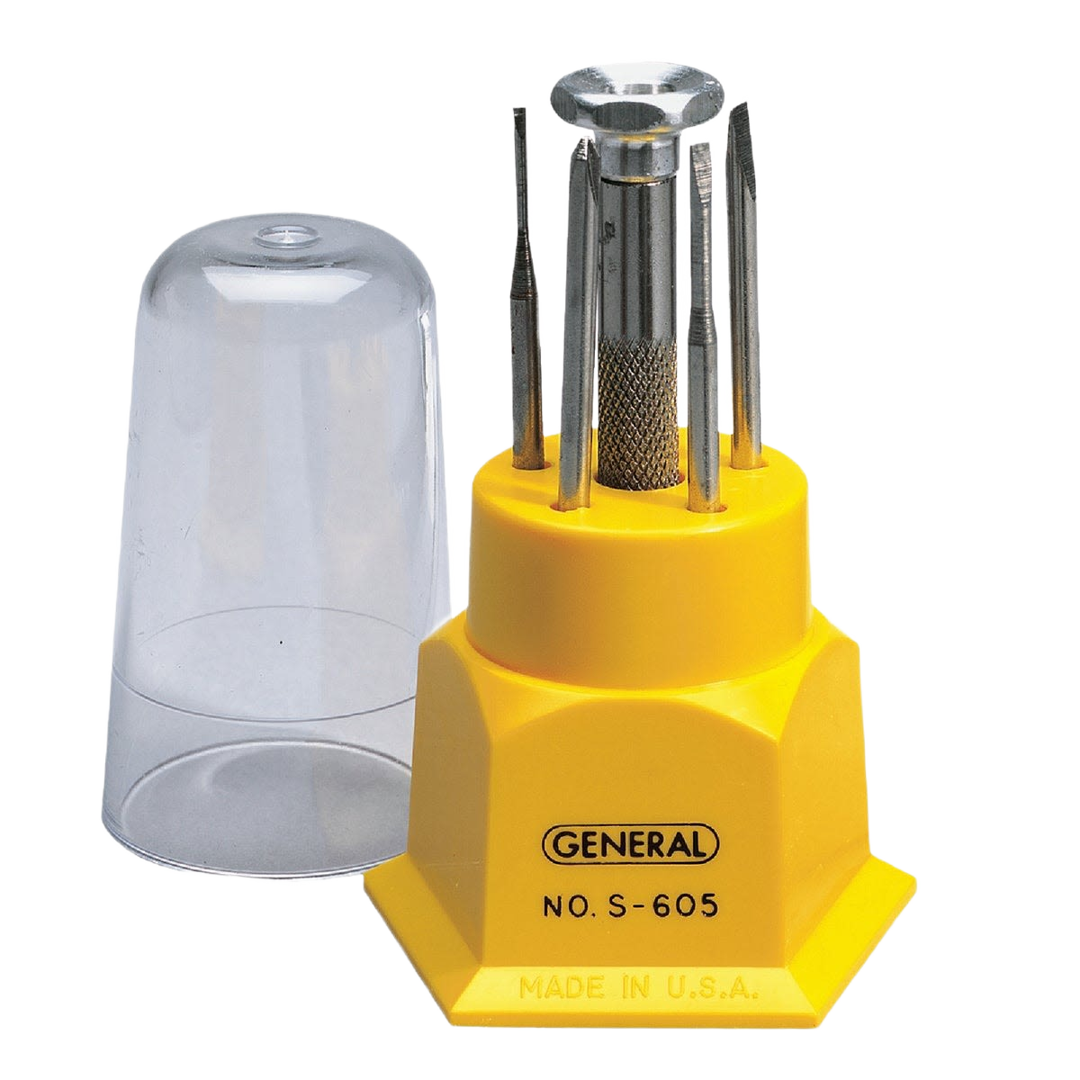 Set of small precision screwdrivers with metal shafts in yellow plastic holder and clear protective cap for home improvement tasks