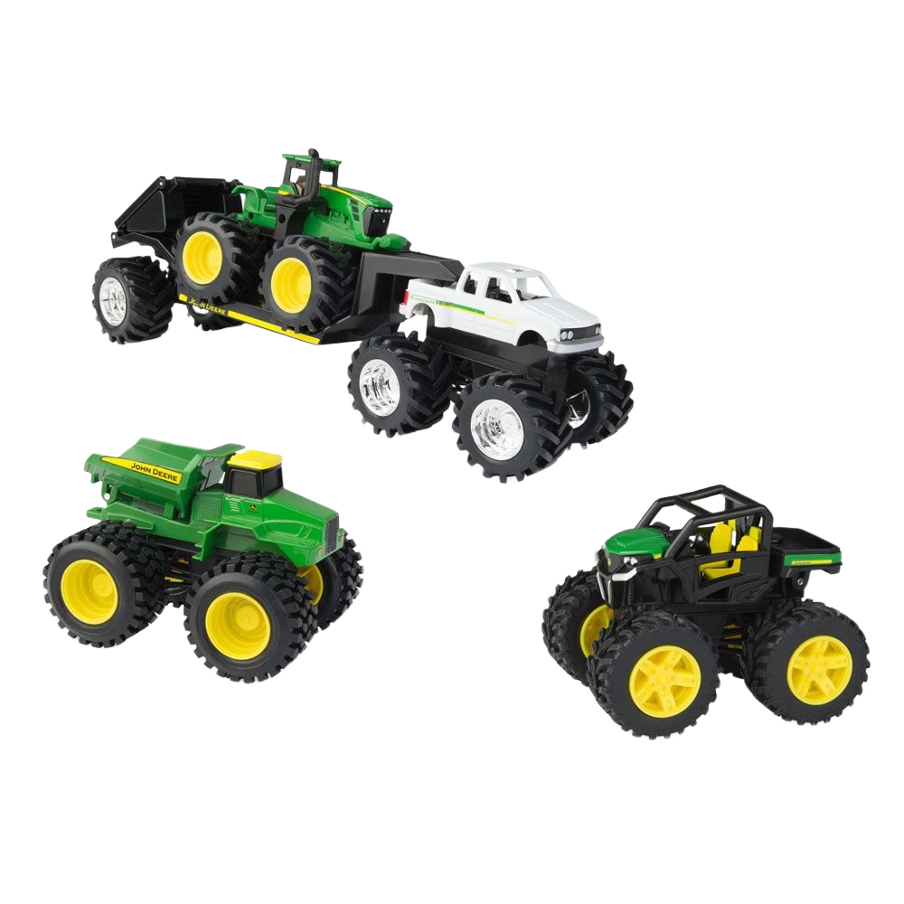 Set of four green and yellow monster wheeled vehicles with one white truck in toys and remote controlled toys collections