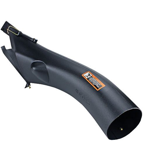 Black plastic lower bagger discharge chute with adjustable strap for John Deere lawn mower parts and accessories