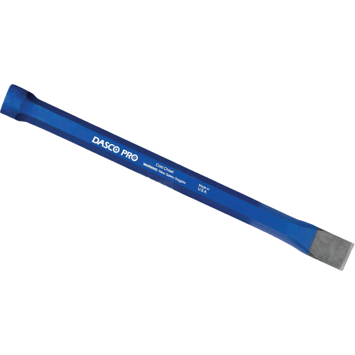 Blue heat-treated cold chisel with flat cutting edge for metalworking and home improvement tasks