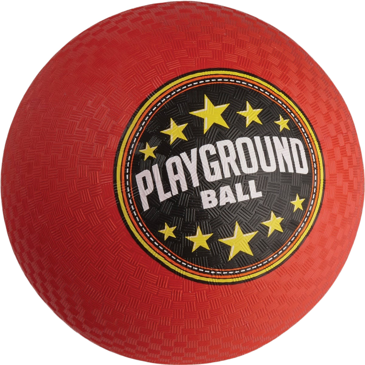 Red textured playground ball with yellow stars and bold "Playground Ball" text for outdoor play activities