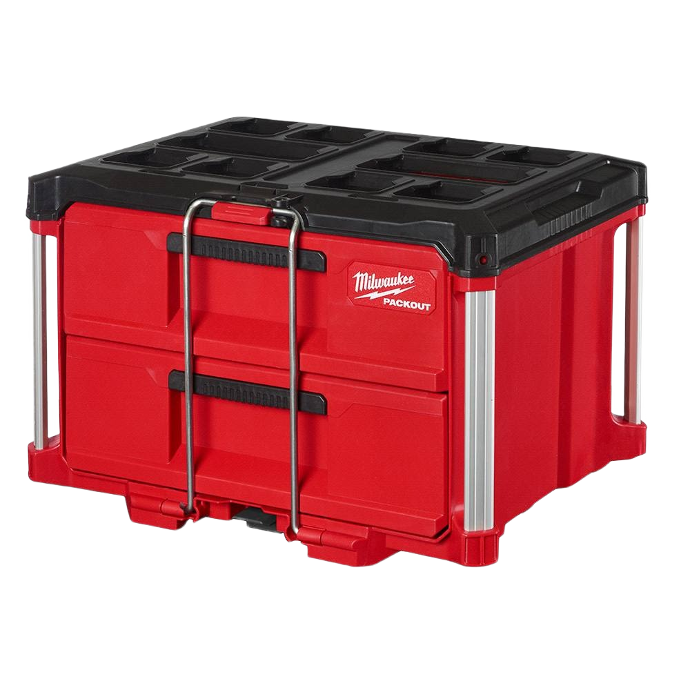 Red and black durable two-drawer modular tool box designed for organizing tools in home improvement projects