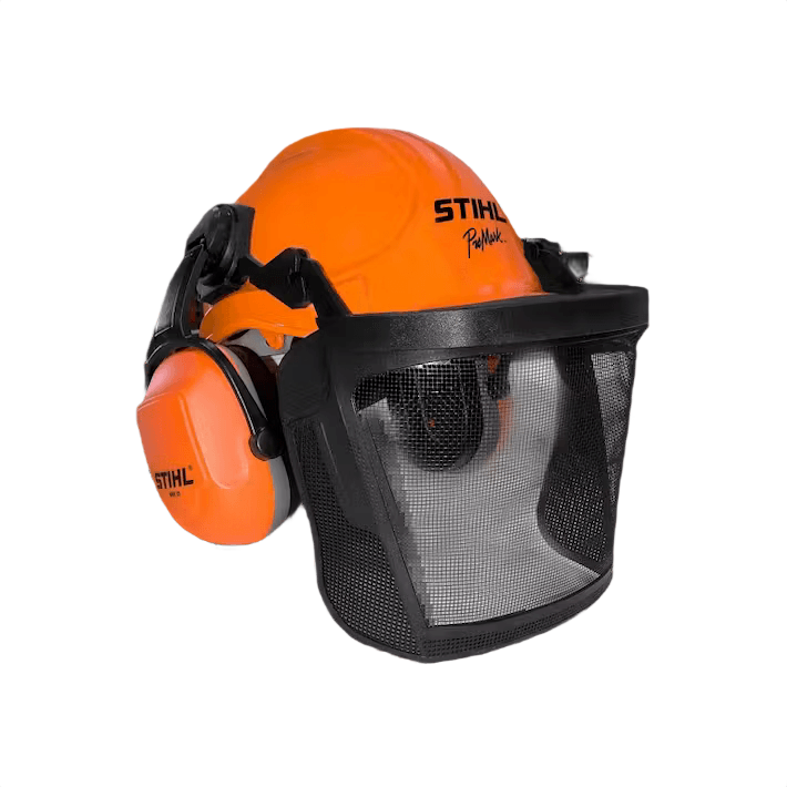 Orange protective helmet system with mesh face shield and earmuffs for tools and home improvement safety tasks