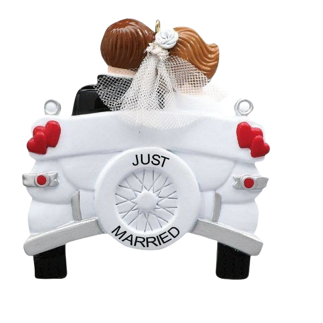 Bride and groom figurine sitting in vintage white car with "Just Married" tire ornament for Christmas tree decor under $50