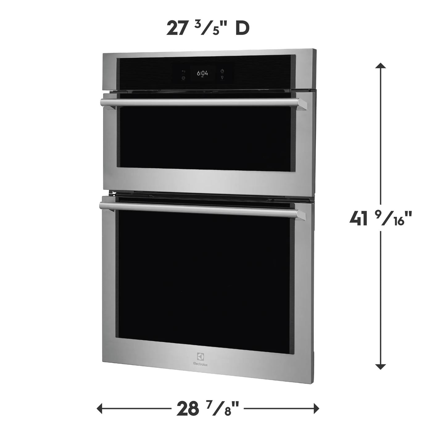 Stainless steel 30-inch wall oven and microwave combo with sleek black glass and digital display in kitchen appliances collection