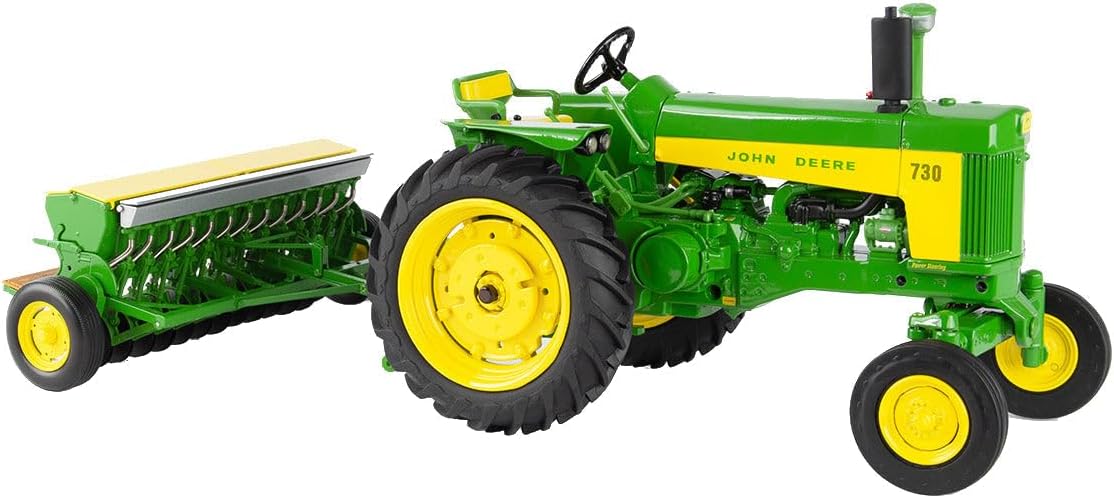 Green and yellow 1/16 scale John Deere tractor with grain drill attachment in Vehicles & Remote Controlled Toys collection