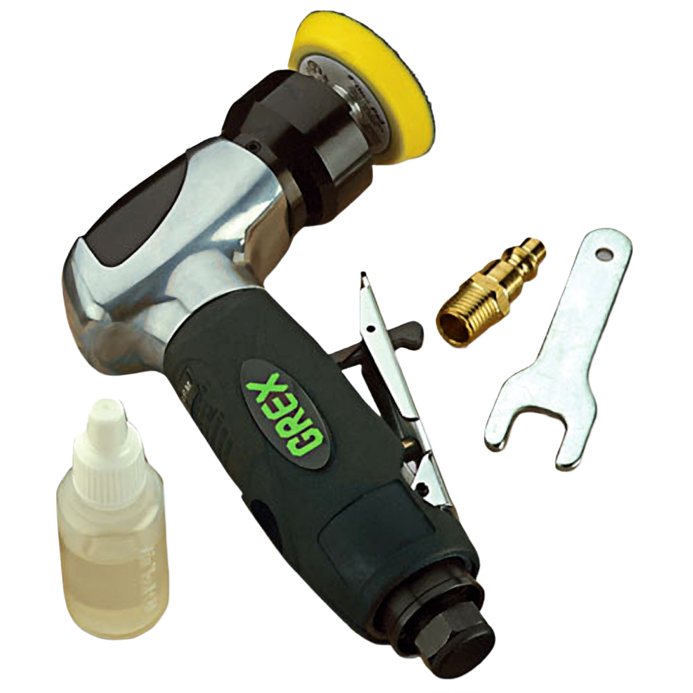 Compact angle head random orbital sander with ergonomic grip, air fitting, wrench, and lubricant for tool maintenance