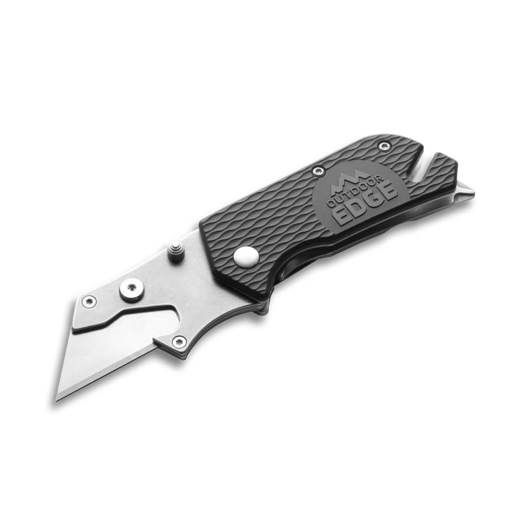 Black folding utility knife with textured handle and steel blade in cutting and woodworking tools collection under $50
