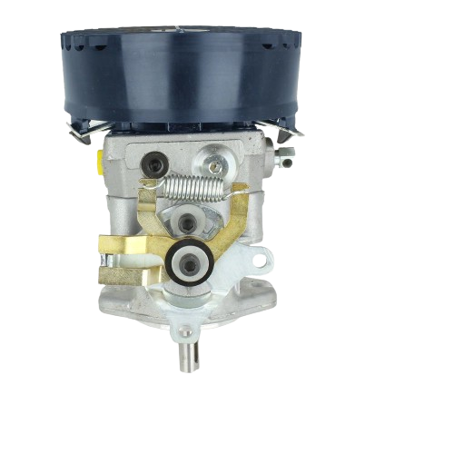 Compact hydraulic pump with metal housing, spring mechanism, and black plastic reservoir for tools and home improvement use