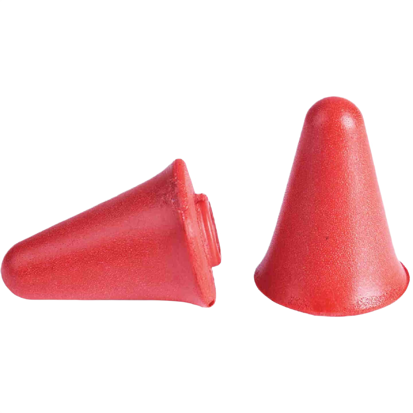Pair of tapered red foam ear plugs designed for comfort and hearing protection in safety gear collections