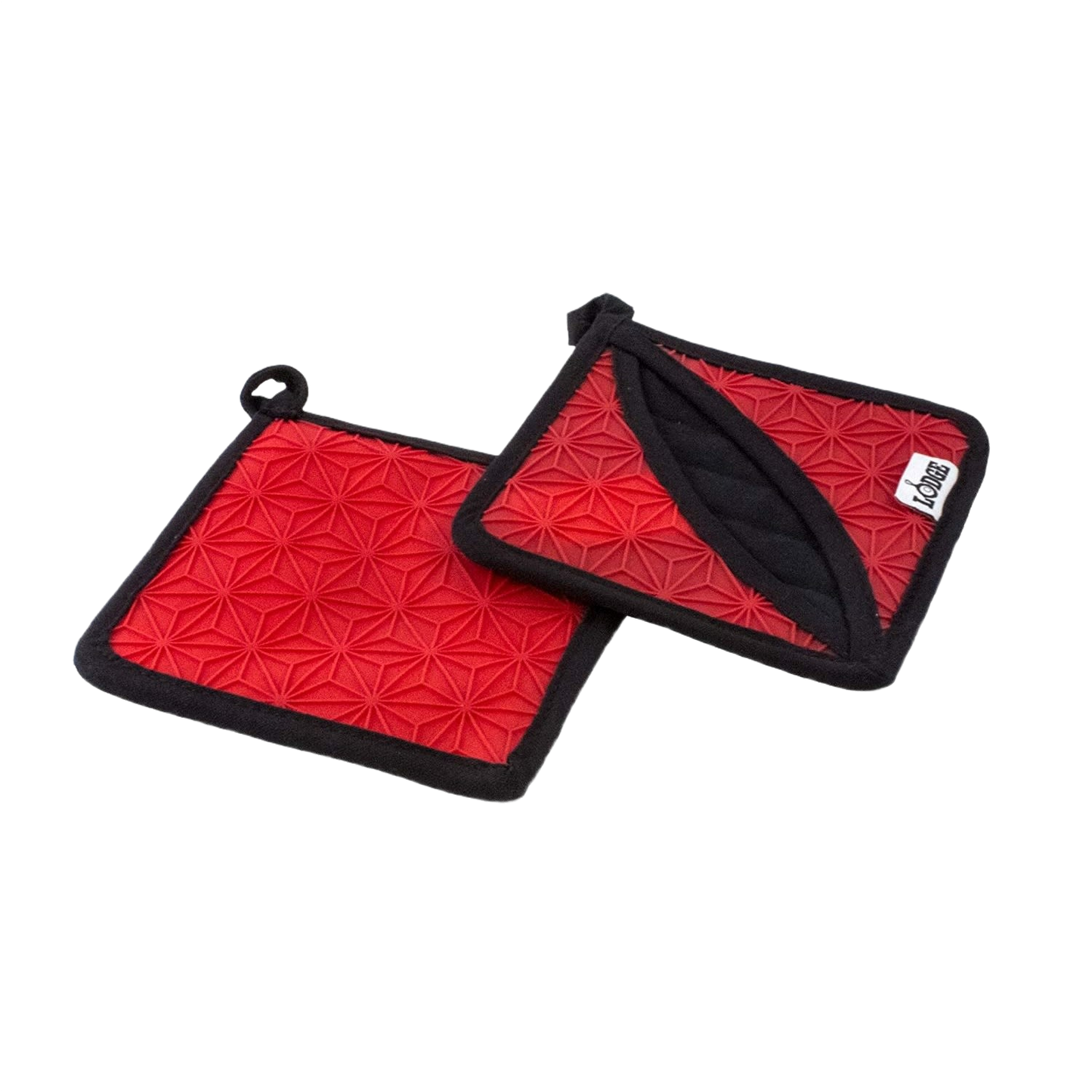 Set of red square silicone pot holders with textured surface and black fabric trim for kitchen use and home improvement tasks