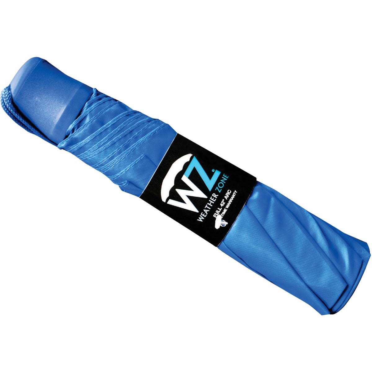 Compact blue umbrella with protective cover, designed for convenient weather protection and easy storage